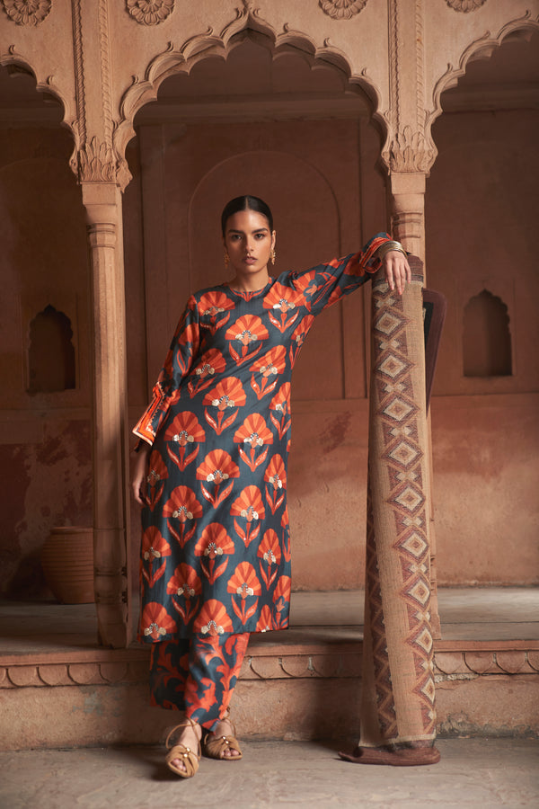 Navy Moroccan Shell Print Kurta Set