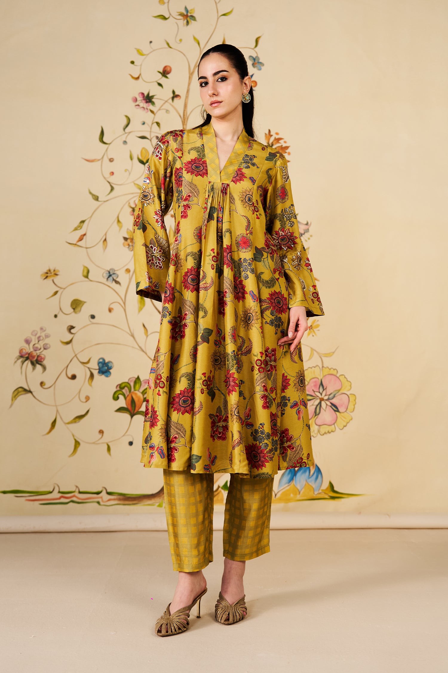 Hazel Mustard Floral Silk Kurta Set