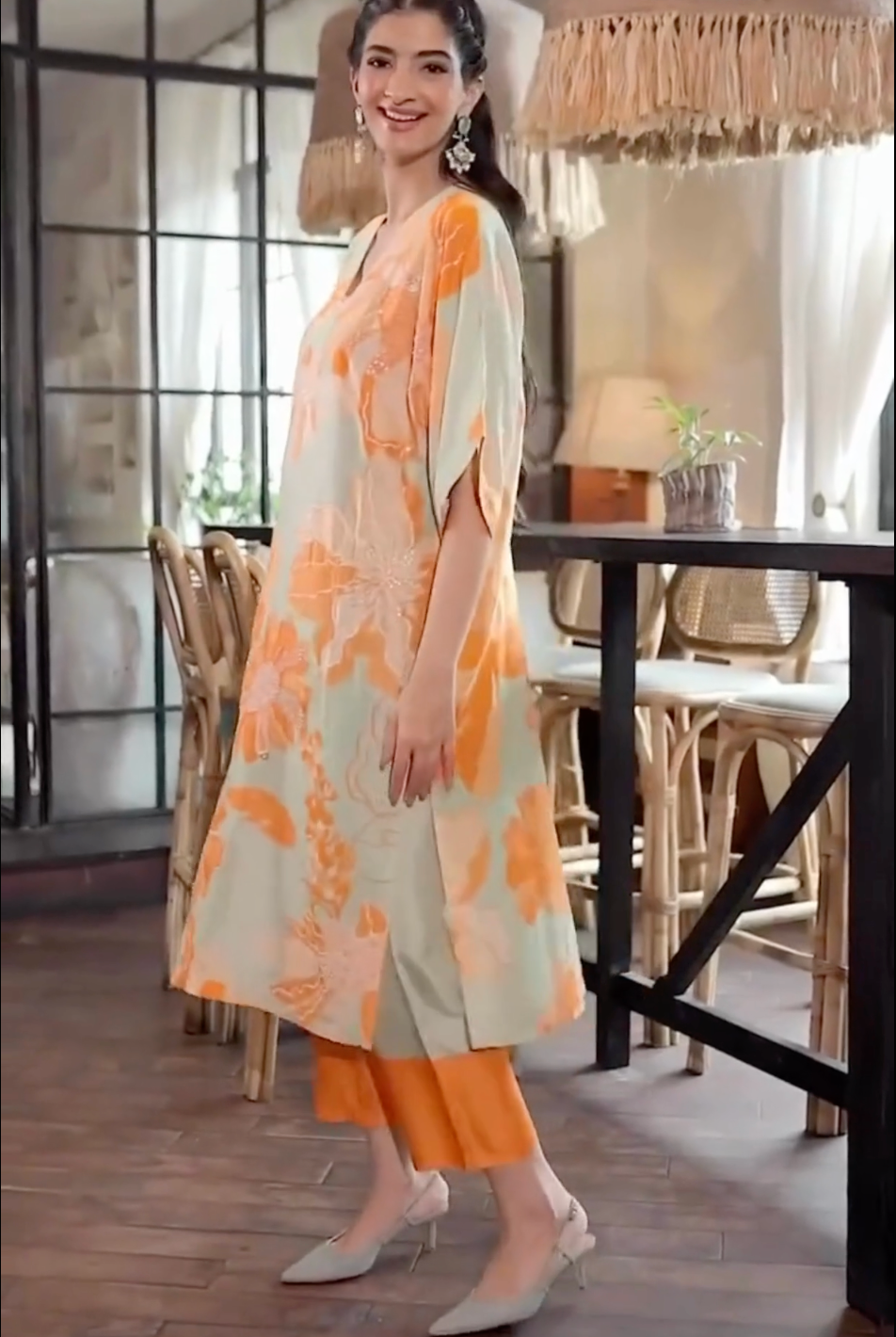 Hanna Khan in Green And Orange Wildrose Tunic Set