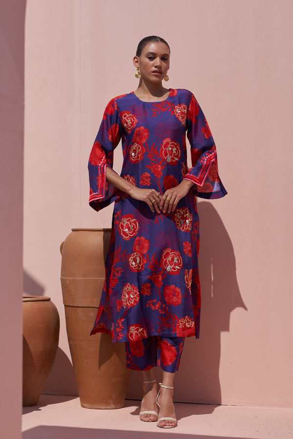 Blue & Red Moroccan Jaal Kurta set