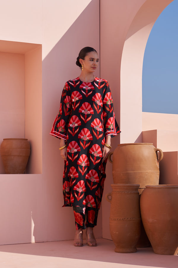 Black Shell Print Kurta Set