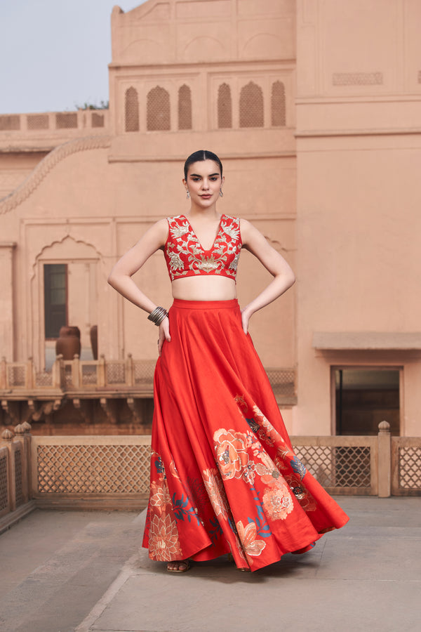 Red Moroccan Centre Print Lehenga