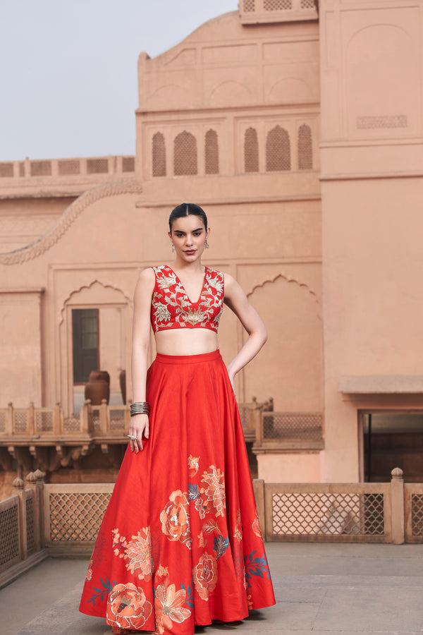 Red Moroccan Centre Print Lehenga