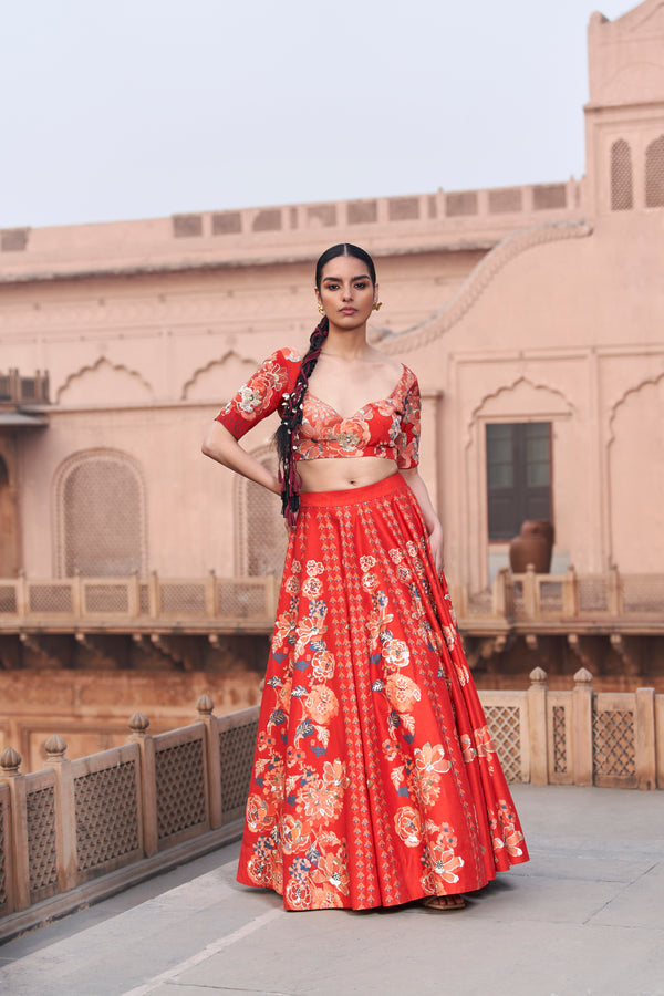 Red Moroccan Kali Wala Lehenga