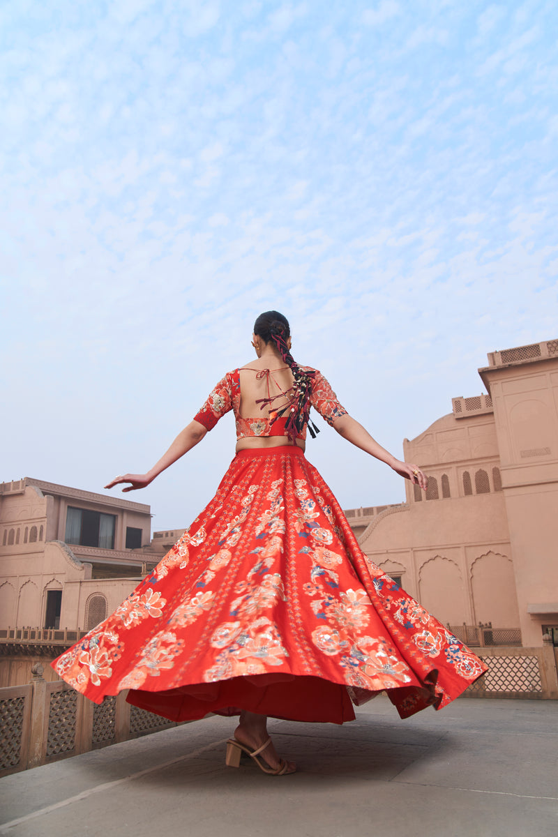 Red Moroccan Kali Wala Lehenga