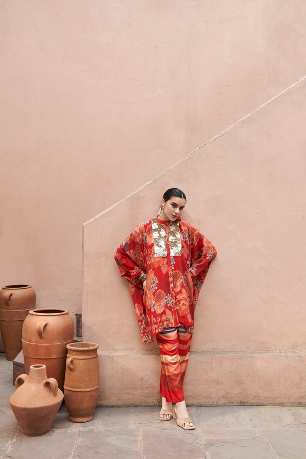 Red Moroccan Coin Yoke Co-ord Set