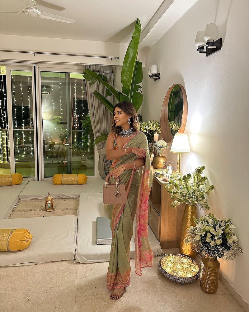 Amrita Thakur in Wildflower Green Shimmer Saree