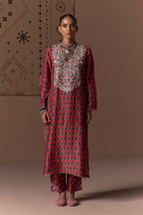 Crimson Katha Silk Kurta Set
