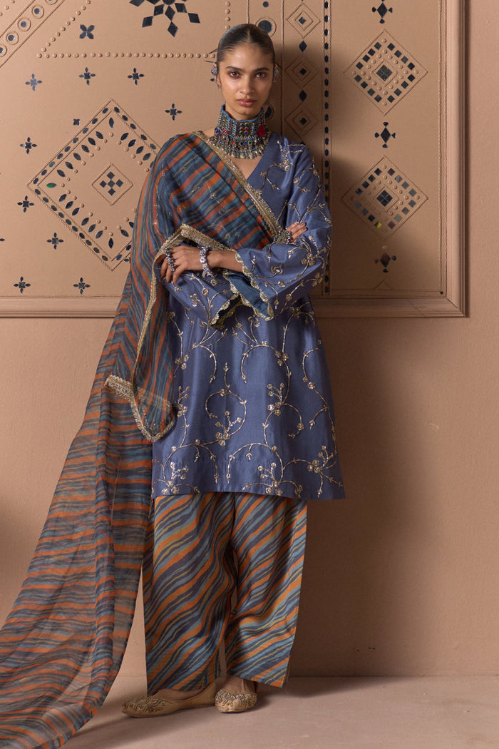 slate blue, rust & multicolour suit set for diwali