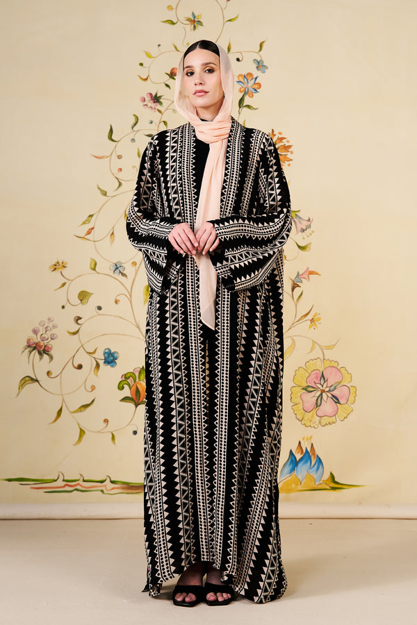 Suhana Abaya | Geometric Silk Blend Abaya in Black & Ivory