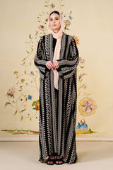 Suhana Abaya | Geometric Silk Blend Abaya in Black & Ivory