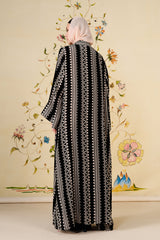Suhana Abaya | Geometric Silk Blend Abaya in Black & Ivory