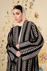 Suhana Abaya | Geometric Silk Blend Abaya in Black & Ivory