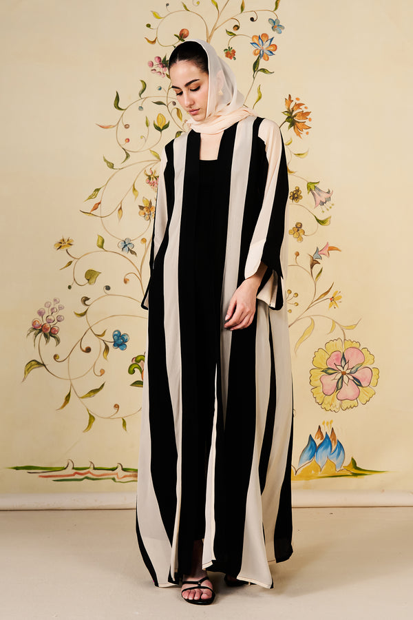 Rawiya Abaya | Monochrome Striped Silk Blend Abaya