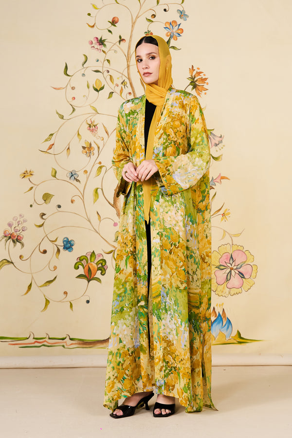 Rafeef Abaya | Silk Blend Floral Open-Front Abaya