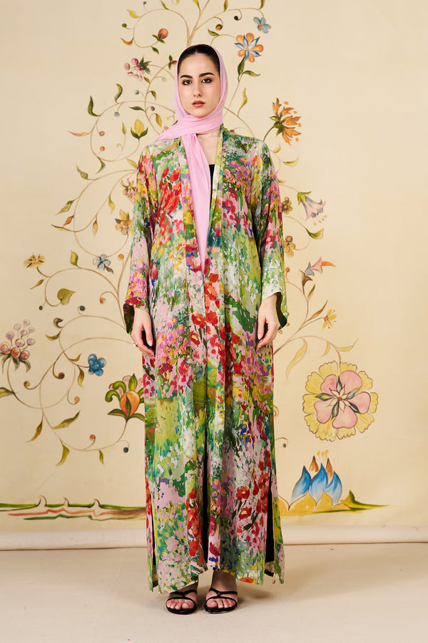 Ameera Abaya | Floral Silk Blend Open-Front Abaya