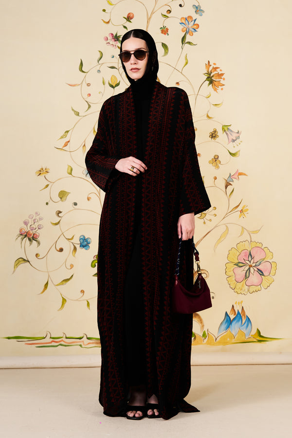 Yusriyah Abaya | Black Silk Blend Geometric Printed Abaya