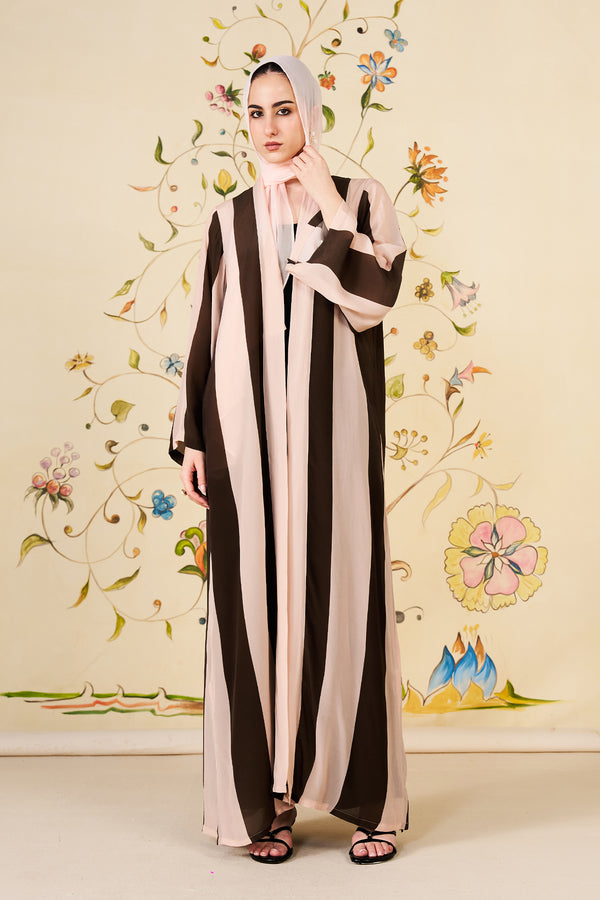 Tasneem Abaya | Mocha & Blush Striped Silk Blend Abaya for Women