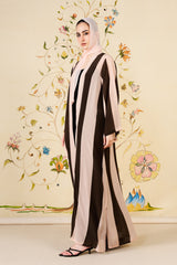 Tasneem Abaya | Mocha & Blush Striped Silk Blend Abaya for Women