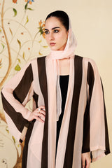 Tasneem Abaya | Mocha & Blush Striped Silk Blend Abaya for Women