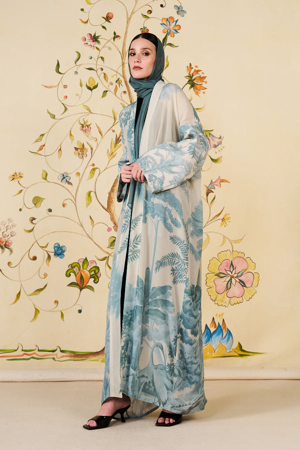 Yareen Abaya | Ivory Silk Blend Botanical Print Abaya 
