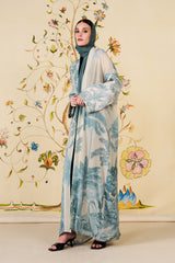 Yareen Abaya | Ivory Silk Blend Botanical Print Abaya 