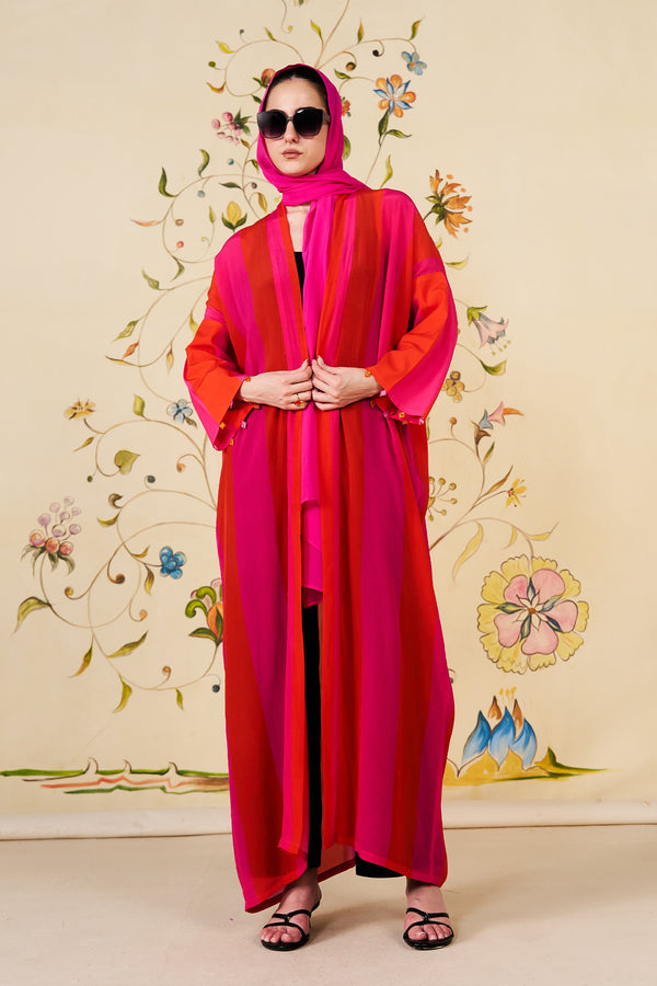 Lamees Abaya | Pink & Orange Silk Blend Abaya