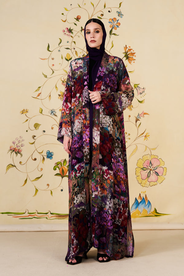 Tameera Abaya | Floral Silk Blend Open-Front Abaya