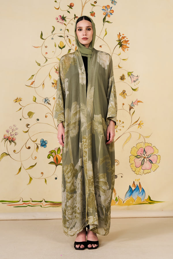 Nayel Abaya | Olive Silk Blend Botanical Print Abaya