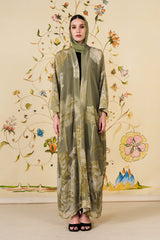 Nayel Abaya | Olive Silk Blend Botanical Print Abaya