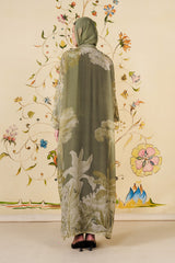 Nayel Abaya | Olive Silk Blend Botanical Print Abaya