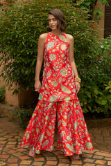 Neha Rath in Scarlet Halter Neck Sharara