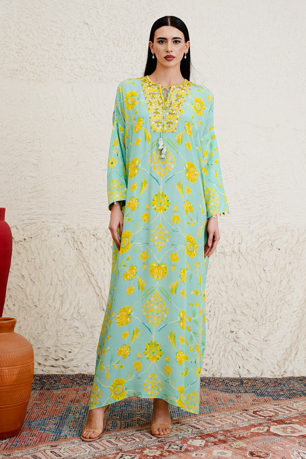 Sorayae floral print jalabiya with embroidered neckline by Archana Shah