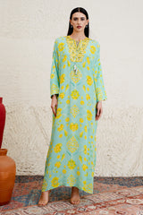 Sorayae floral print jalabiya with embroidered neckline by Archana Shah
