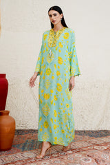 Sorayae floral print jalabiya with embroidered neckline by Archana Shah