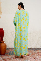 Sorayae floral print jalabiya with embroidered neckline by Archana Shah