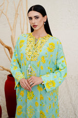 Sorayae floral print jalabiya with embroidered neckline by Archana Shah