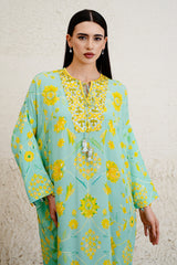 Sorayae floral print jalabiya with embroidered neckline by Archana Shah