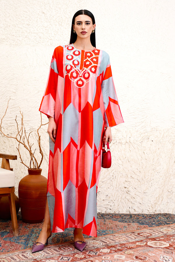 Sireya red jalabiya with geometric print by Archana Shah