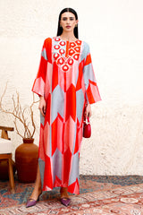 Sireya red jalabiya with geometric print by Archana Shah