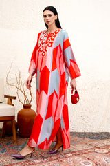 Sireya red jalabiya with geometric print by Archana Shah
