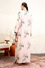 Silk blend jalabiya with placement botanical print and airy drape