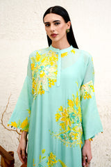 Flowing silk blend jalabiya with oversized floral print