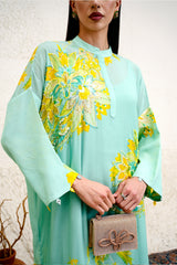 Flowing silk blend jalabiya with oversized floral print