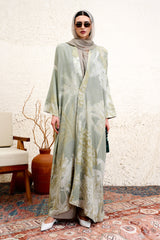 Suhainael Sage Botanical Print Silk Blend Abaya by Archana Shah