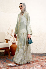 Suhainael Sage Botanical Print Silk Blend Abaya by Archana Shah