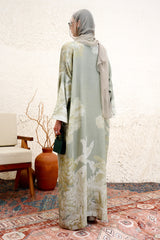 Suhainael Sage Botanical Print Silk Blend Abaya by Archana Shah