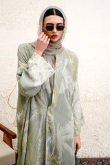 Suhainael Sage Botanical Print Silk Blend Abaya by Archana Shah