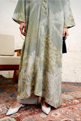 Suhainael Sage Botanical Print Silk Blend Abaya by Archana Shah