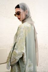 Suhainael Sage Botanical Print Silk Blend Abaya by Archana Shah